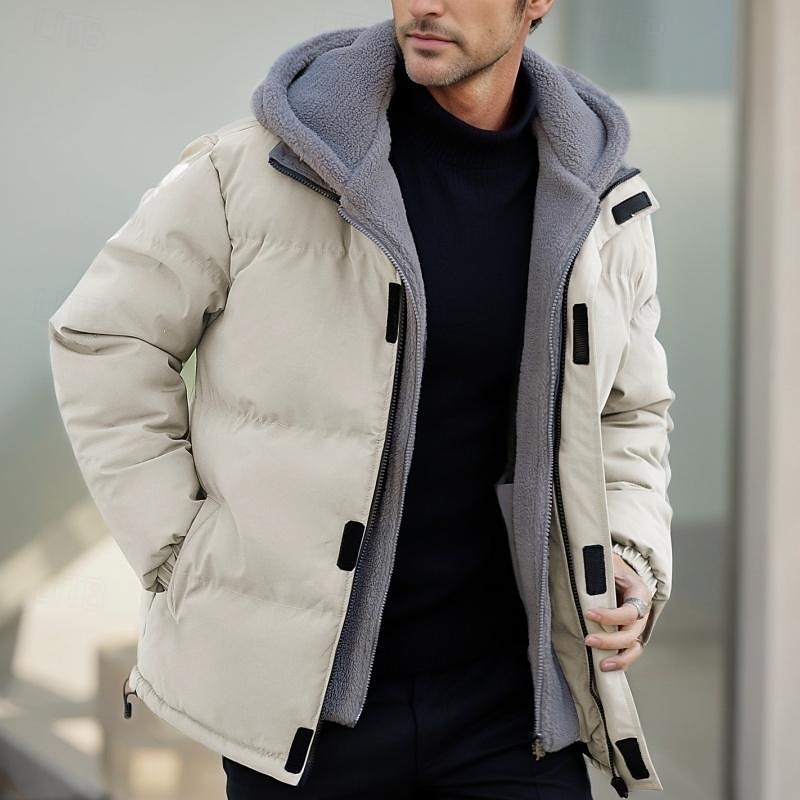 Men's Winter Jacket Puffer Jacket Fleece Jacket Padded 2 in 1 Fake two piece Polyster Hoodie Pocket Outdoor Date Casual Daily Regular Fashion Casual Thermal Warm Windproof Winter Plain Dark Grey