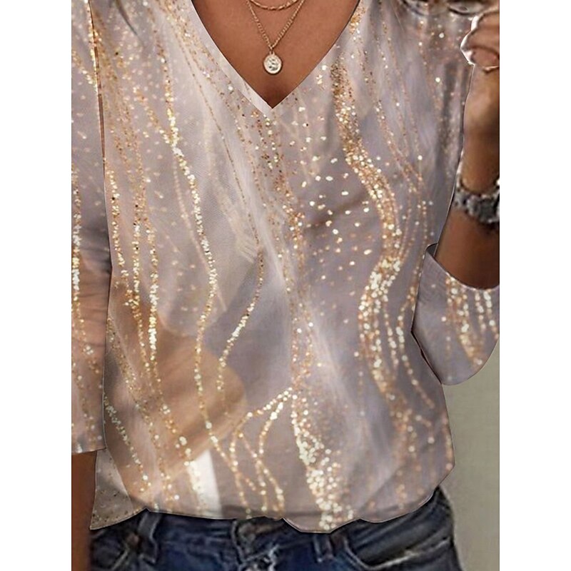 Women's T shirt Long Sleeve V Neck Long Sleeve Tunic Fashion Casual Print Regular Tops Daily Yellow Spring Fall Prefall3