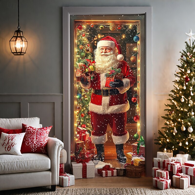 Christmas Door Decorations Door Covers Xmas Santa Door Tapestry Door Curtain Decoration Backdrop Door Banner for Front Door Farmhouse Christmas Holiday Party Decor Supplies Gift Indoor/Outdoor4