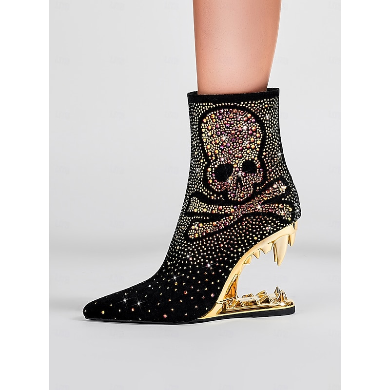 Women's Black Skull Ankle Boots with Rhinestone Embellishments and Gold Cut-Out Heels – Bold Statement Heels for Gothic Fashion and Parties