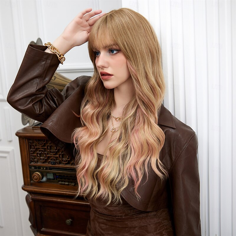 Synthetic Wig Curly Wavy Neat Bang With Bangs Machine Made Wig 26 inch Gold Pink Synthetic Hair Women's Cute Cosplay Party Blonde3