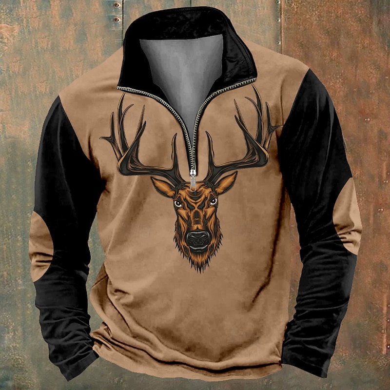 Men's Hunting Deer Sweatshirts Quarter Zip Sweatshirt Long Sleeve Sweatshirt Stand Collar Quarter Zip Ethnic Vintage Retro 3D Printing Hunting Winter Spring &  Fall