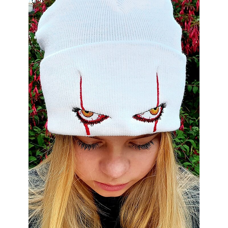 Horror Eye Embroidered Beanie Hat - Scary Halloween Knit Cap for Cosplay and Cold Weather