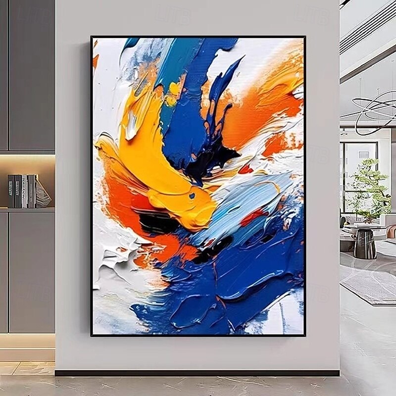 100% handmade White Blue Yellow Textured Painting Oversized handmade Abstract Geometric Textured oil painting Wall Art Large Minimalist Textured Painting for Living Room Wall Decor Abstract Art3