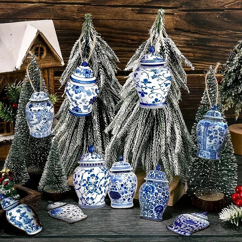 20pcs Christmas Wooden Ornaments Set - Vintage Blue and White Porcelain Style, Wooden Ginger Jar Ornaments for Festival Decoration, Perfect Christmas Ambiance Xmas Decoration with Hanging Rope4