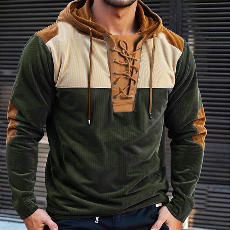 Men's Hoodie Blue Dark Green Hoodie Hooded Solid Color Color Block Lace up Vintage Style Hooded Home Sports & Outdoor Corduroy Vintage Daily Traditional / Vintage Spring Fall Clothing Apparel Hoodies2