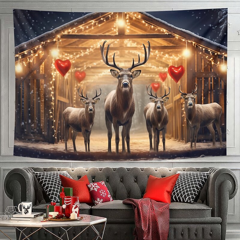 Christmas Decorations Hanging Tapestry Wall Art Xmas Deer Farmhouse Large Tapestry Mural Decor Photograph Backdrop Blanket Curtain Home Bedroom Living Room4