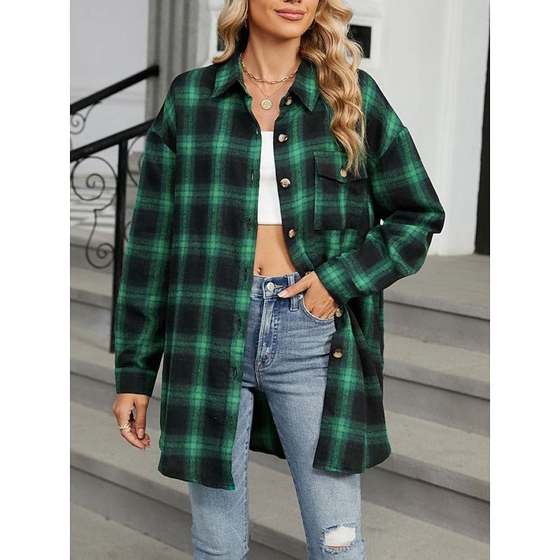 Women's Shirt Jacket Shacket Warm Breathable Buttons Pocket Print Casual Plaid Vacation Street Daily Wear Going out Single Breasted Regular Turndown Regular Fit Long Sleeve Outerwear Brown Green Fall 6