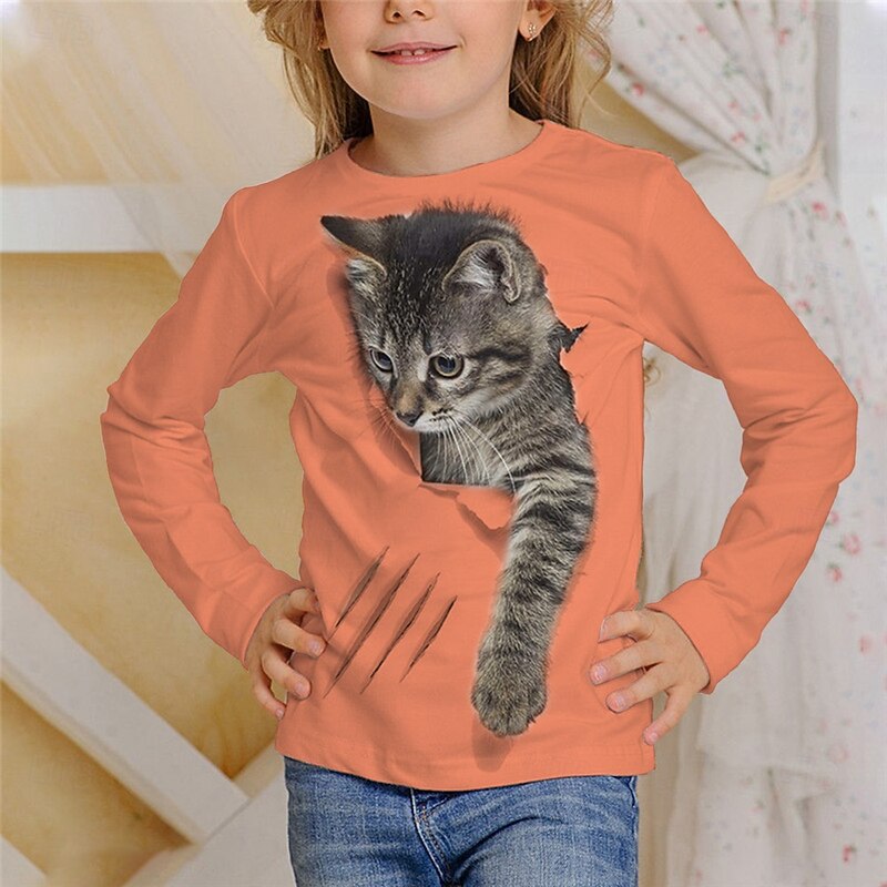 Girls' 3D Graphic Animal Cat T shirt Tee Long Sleeve Spring Fall Fashion Basic Kids 4-12 Years Crew Neck Outdoor Casual Daily Regular Fit