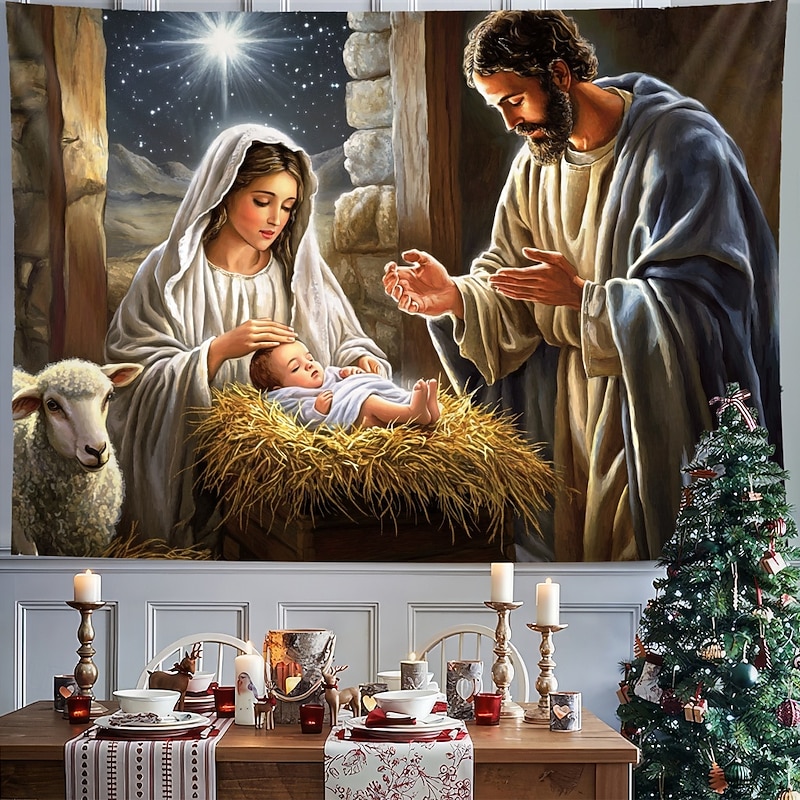 Christmas Decorations Nativity Scene Hanging Tapestry Wall Art Large Tapestry Mural Decor Photograph Backdrop Blanket Curtain Home Bedroom Living Room Decoration2