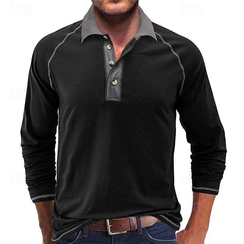 Men's Polo Shirt Golf Shirt Casual Lapel Long Sleeve Fashion Basic Solid Color Button Vintage Style Spring &  Fall Regular Fit Dark Brown Black White Burgundy Navy Blue Light Grey Polo Shirt