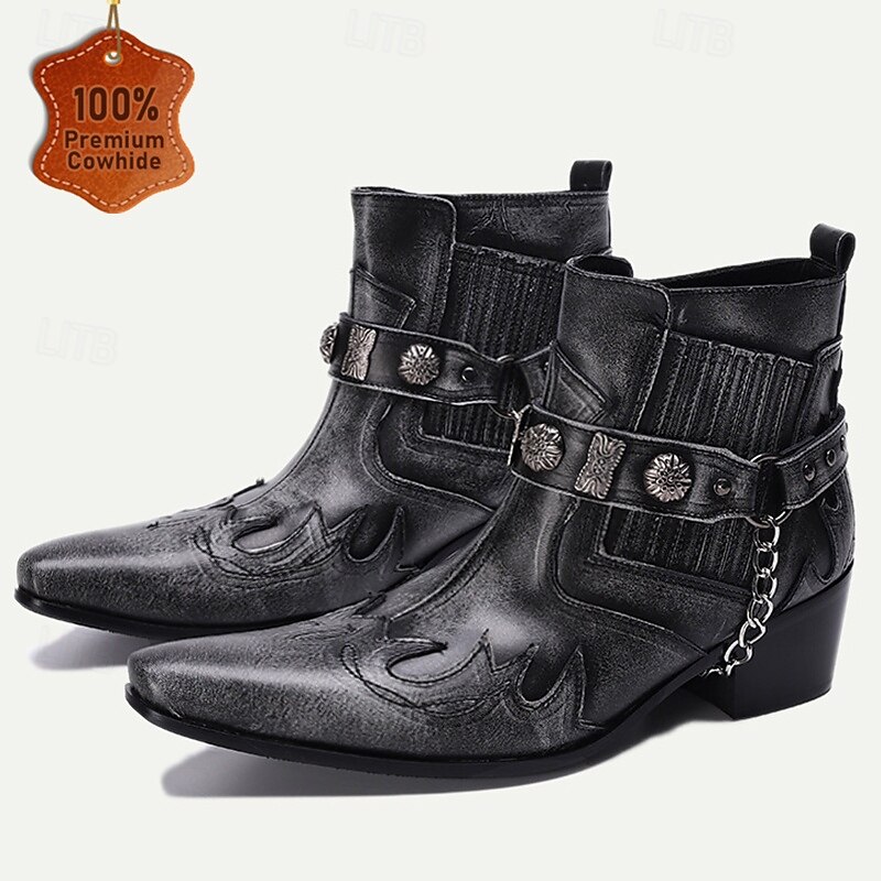 Men's Black Premium Cowhide Leather Motorcycle Boots with Western Style, Metal Studded Strap, and Chain Accent – Perfect for Biker and Cowboy-Inspired Fashion