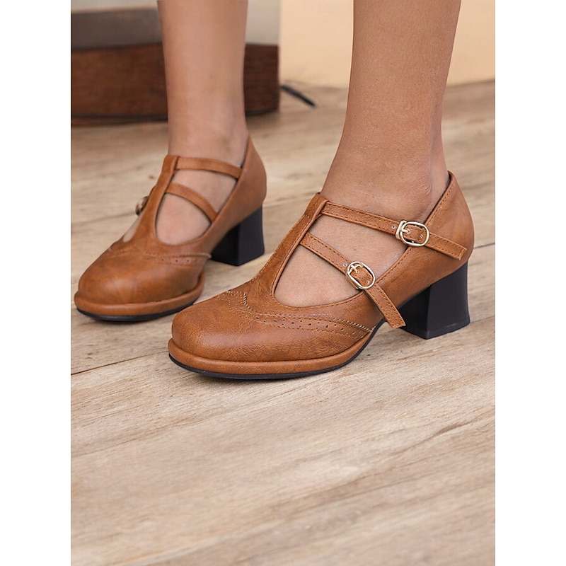 Women's Vintage Red Mary Jane Heels – Double Buckle Strap, Retro Block Heel, Perfect for Formal and Casual Occasions