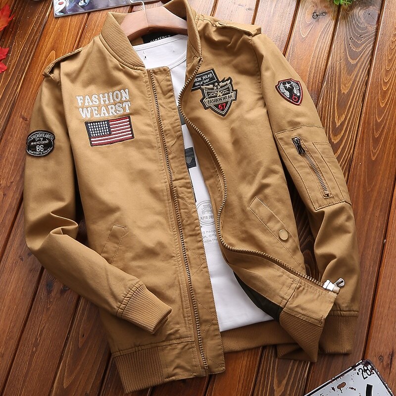 Men's Bomber Jacket Cargo Jacket Military Jacket Daily Vacation Warm Pocket Fall & Winter National Flag Fashion Classic Stand Collar Regular Black Khaki Army Green Jacket