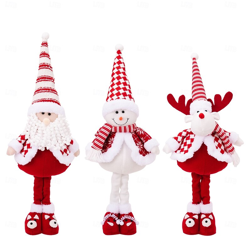 Christmas Plush Figurines, Red and White Striped Santa Claus, Snowman, and Reindeer Stretchable Dolls, Xmas Holiday Decorations for Festive Display3