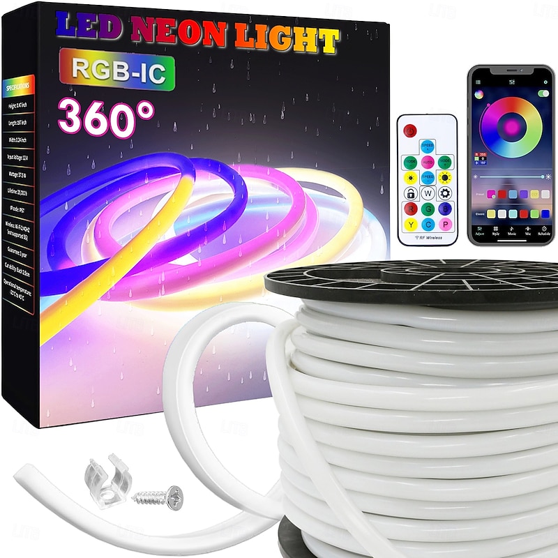 White Silicone Neon LED Light Strip, 16MM 360° Circular, RGB Flexible Dreamy Color Rope Light with 17-Key IR Controller, USB DC5V for Bedroom Indoor/Outdoor Decoration WS2811
