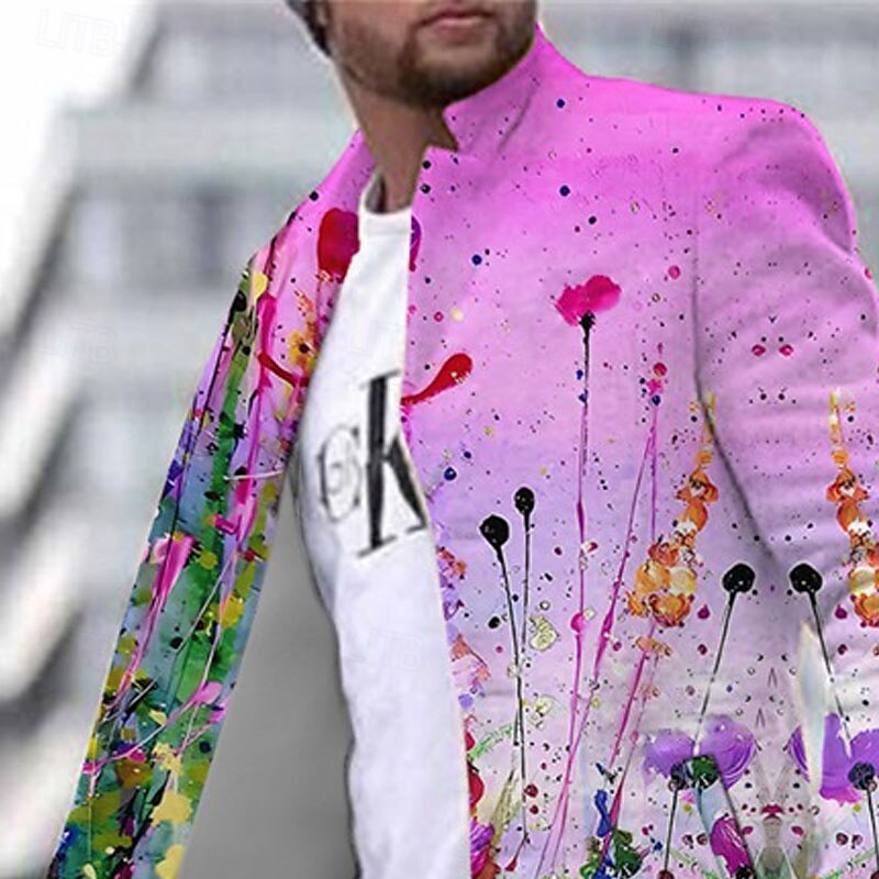 Men's Floral Graphic Prints Winter Coat Overcoat Coat Warm Comfortable Breathable Fashion Streetwear Business Work Wear to work Going out Pocket Print Fall & Winter Turndown Long Sleeve Yellow Purple4