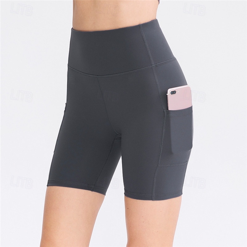Women's Gym Shorts Yoga Shorts Workout Shorts with Phone Pocket High Waist Pilates Gym Workout Workout Shorts Graphic Dark Grey Black Dark Green Spandex Sports Activewear Stretchy Slim4