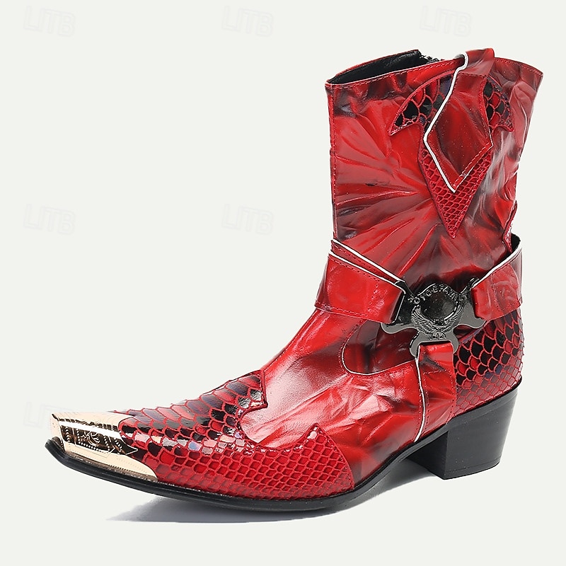 Men's Red Premium Cowhide Motorcycle Boots with Snake Pattern, Metal Toe Cap, and Western Style – Perfect for Riding and Outdoor Adventures2