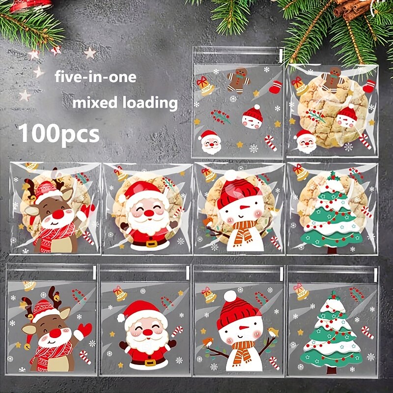100pcs Christmas Treat Bags - Self-Sealing Disposable Opp Candy & Cookie Pouches With Festive Cartoon Designs For Holiday Gift OPP Self-adhesive Bag Christmas Candy Cookie Food Packaging Bag2