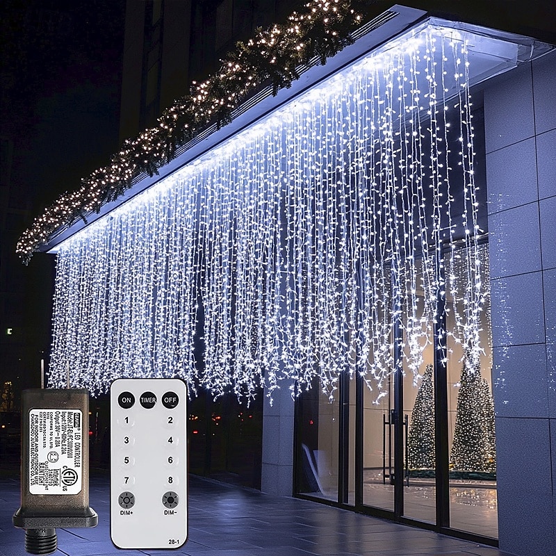 Outdoor Christmas Icicle Window Curtain Lights 6x1M-300LED Plug in 9 Colors Remote Control Window Wall Hanging Light Warm White RGB for Bedroom Party Garden Christmas Decorations 31V EU/US/AU/UK Plug3