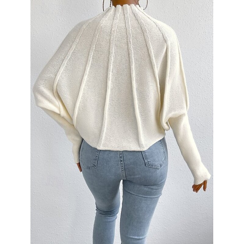 Women's Sweater Fashion Daily Solid Color Mock Neck Knitted Textured Batwing Sleeve Long Sleeve Regular Tops Knit Home Work Daily Black White Fall Winter2