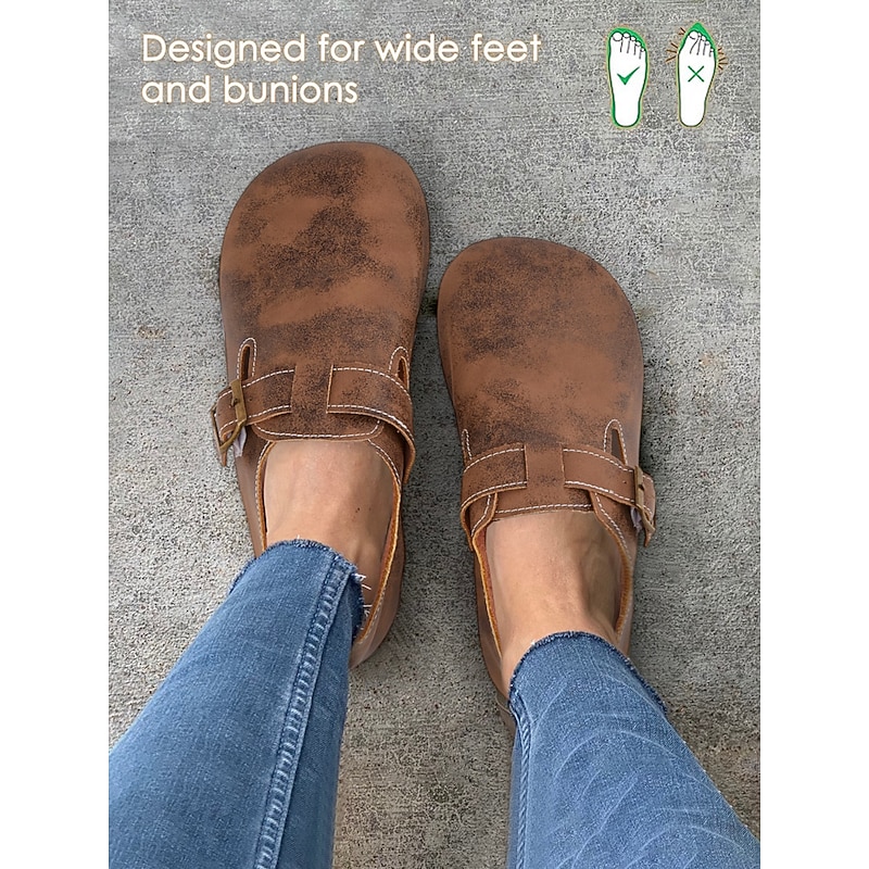 Women's Vintage Brown Barefoot Slip-On Loafers with Buckle Strap and Distressed Faux Leather Finish, Perfect for Casual Wear2