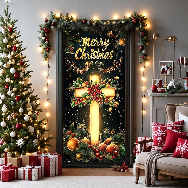 Christmas Door Decorations Door Covers Xmas Cross Nativity Door Tapestry Door Curtain Decoration Backdrop Door Banner for Front Door Farmhouse Holiday Party Decor Supplies Indoor/Outdoor