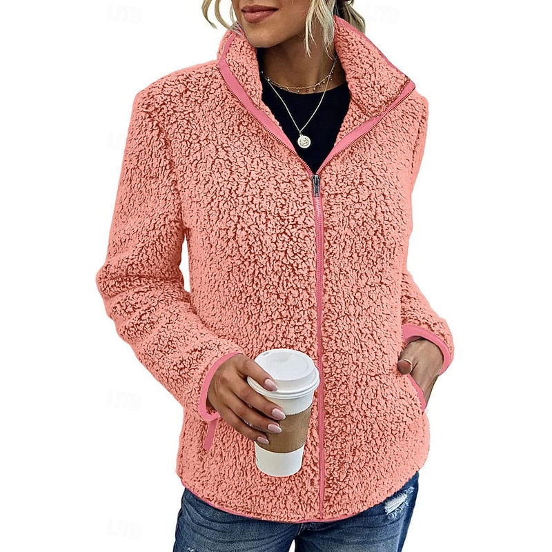 Women's Zip Up Sweatshirt Fleece Jacket Vintage Teddy Sherpa Fleece Fleece Solid Color Valentine's Day Street Casual V Neck Zip Up Pocket Long Sleeve Pink Blue Green Gray Fall & Winter