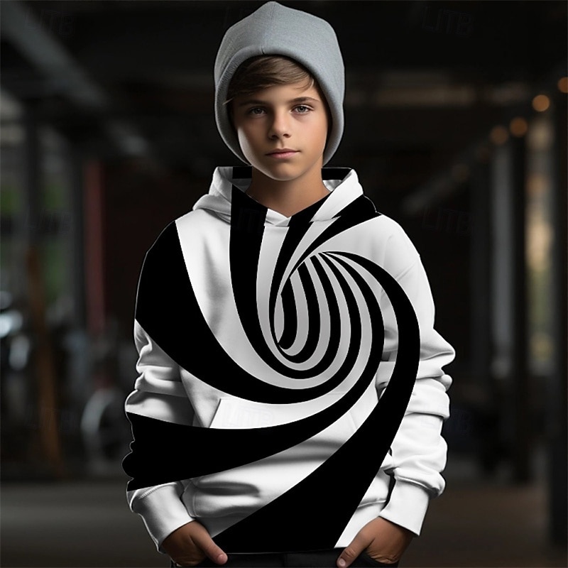 Boys 3D Graphic Geometric Striped Hoodie Long Sleeve Spring Fall Fashion Streetwear Kids 4-12 Years Hooded Outdoor Casual Daily Regular Fit2