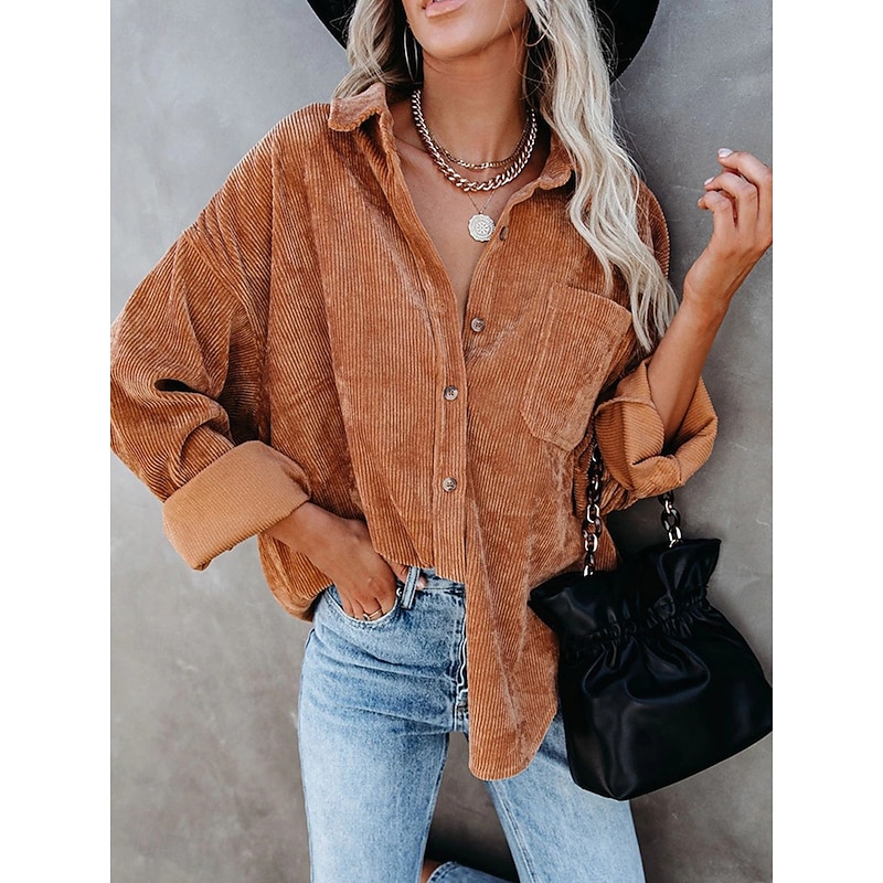 Women's Blouse Solid Color Casual Long Sleeve Shirt Collar Vacation Going out Pocket White Wine Orange Green Fall Winter