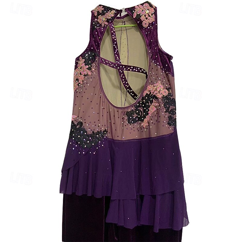 Figure Skating Pants Women's Girls' Ice Skating Outfits Purple Patchwork Open Back Mesh Spandex High Elasticity Training Practice Professional Skating Wear Classic Crystal / Rhinestone Long Sleeve4