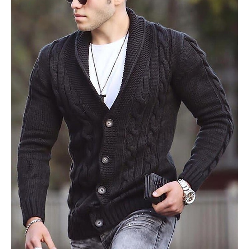 Men's Cardigan Sweater Cropped Sweater Cable Knit Regular Button Up Plain Lapel Vintage Warm Ups Casual Daily Wear Clothing Apparel Fall Winter Black White S M L4
