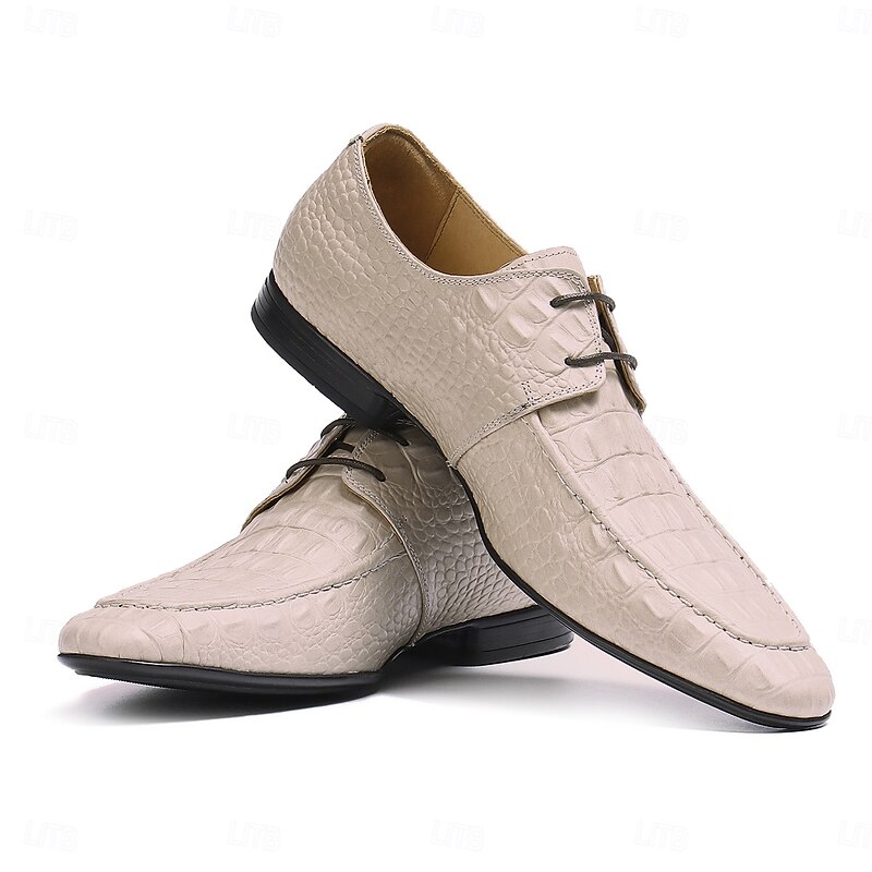 Men's Premium Cowhide Lace-Up Crocodile Pattern Loafers - Elegant Formal Shoes for Office and Special Occasions2