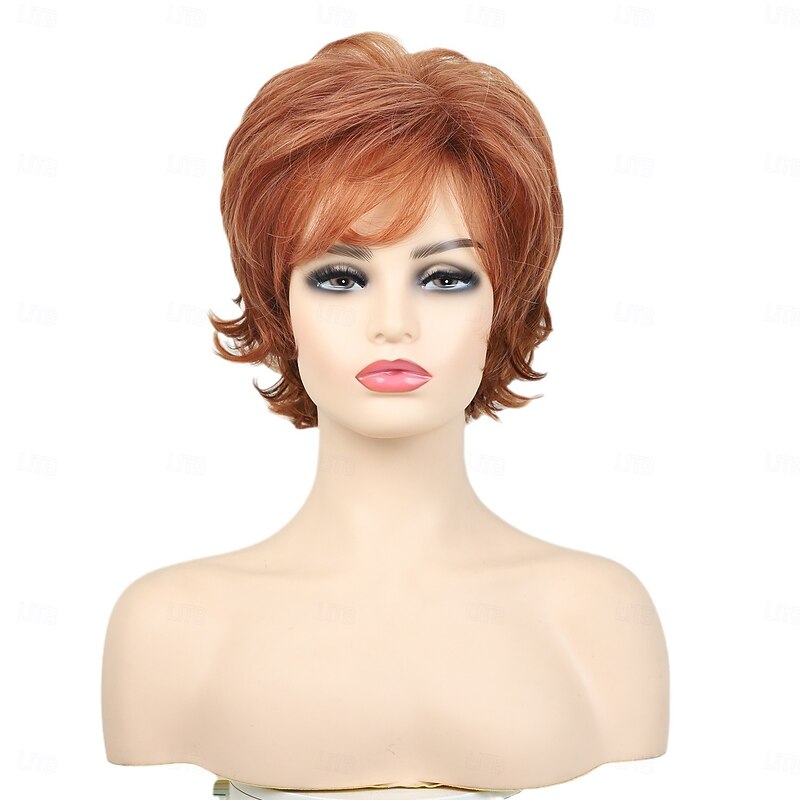 Orange Short Wigs for White Women, Brown Wig with Bangs Short Curly Pixie Cut Wigs Charming Synthetic Glueless Layered Wavy Wigs For Old Lady3