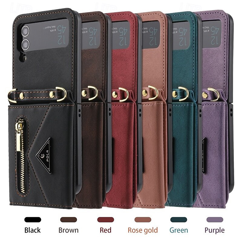 Phone Case For Z Flip 6 Z Flip 5 Z Flip 4 Z Flip 3 Back Cover with Stand Holder Zipper with Lanyard Retro TPU PU Leather