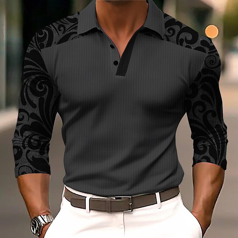 Halloween Men's Floral Botanical Waffle Polo Shirts Golf Polos Shirts Long Sleeve Polo Shirts Collar Dark Vacation Party Evening Wear Dailywear Buttons 3D Print Spring Fall Winter Black Blue Orange3