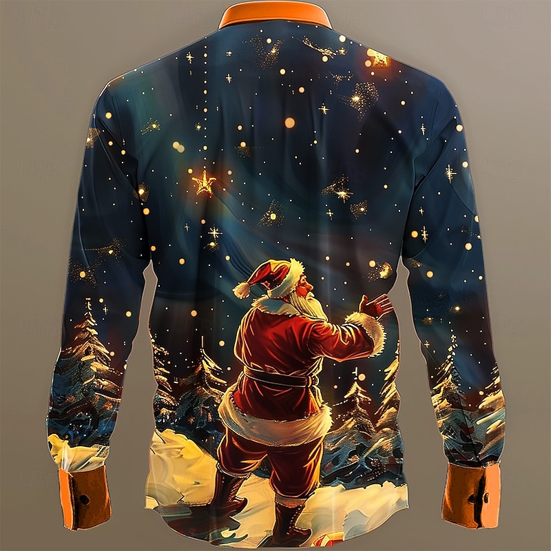 Christmas Men's Santa Claus Printed Shirts Santa Claus Casual Button Up Long Sleeve Party Evening Daily Fall Winter Spring & Summer Collar Button Up 3D Print Thin Black Blue Orange Polyester2