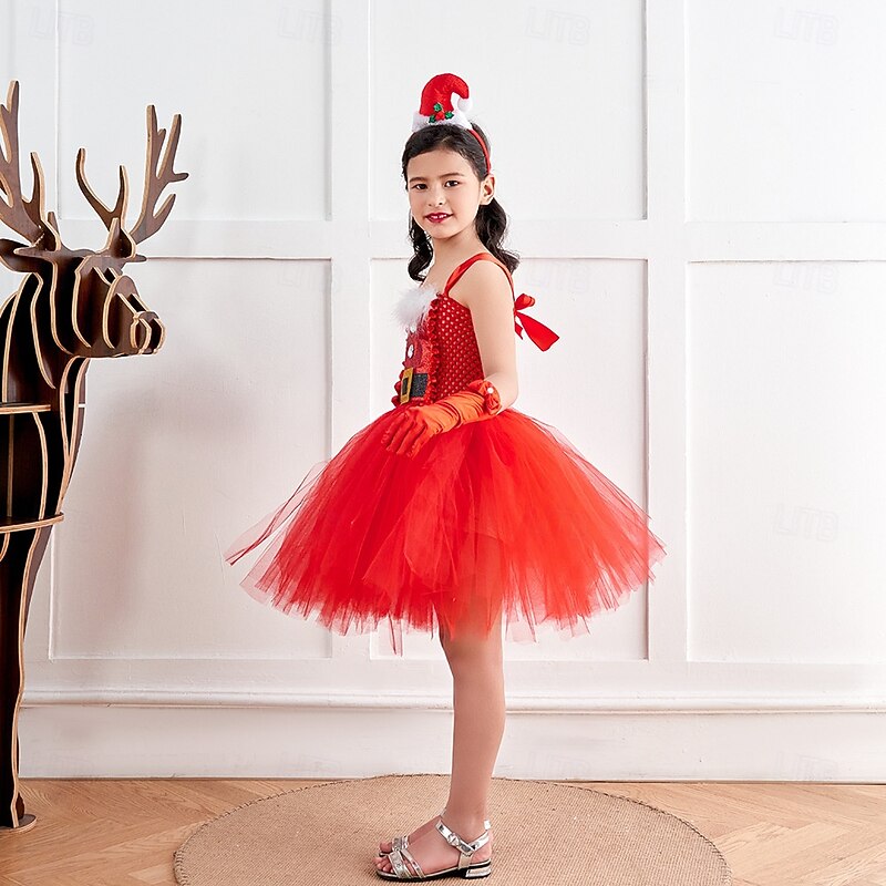 Santa Claus Mrs.Claus Outfits Tutu Santa Suits Girls' Christmas Kid's Christmas New Year Christmas Eve Christmas Party New Year Eve Dress Headpiece Gloves3