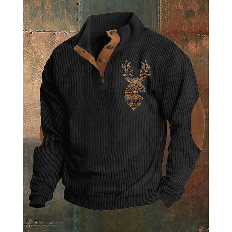 Men's Sweatshirt Black Army Green Khaki Gray Standing Collar Color Block Reindeer Patchwork Sports & Outdoor Daily Holiday Polyester Corduroy Streetwear Basic Casual Spring &  Fall Clothing Apparel2