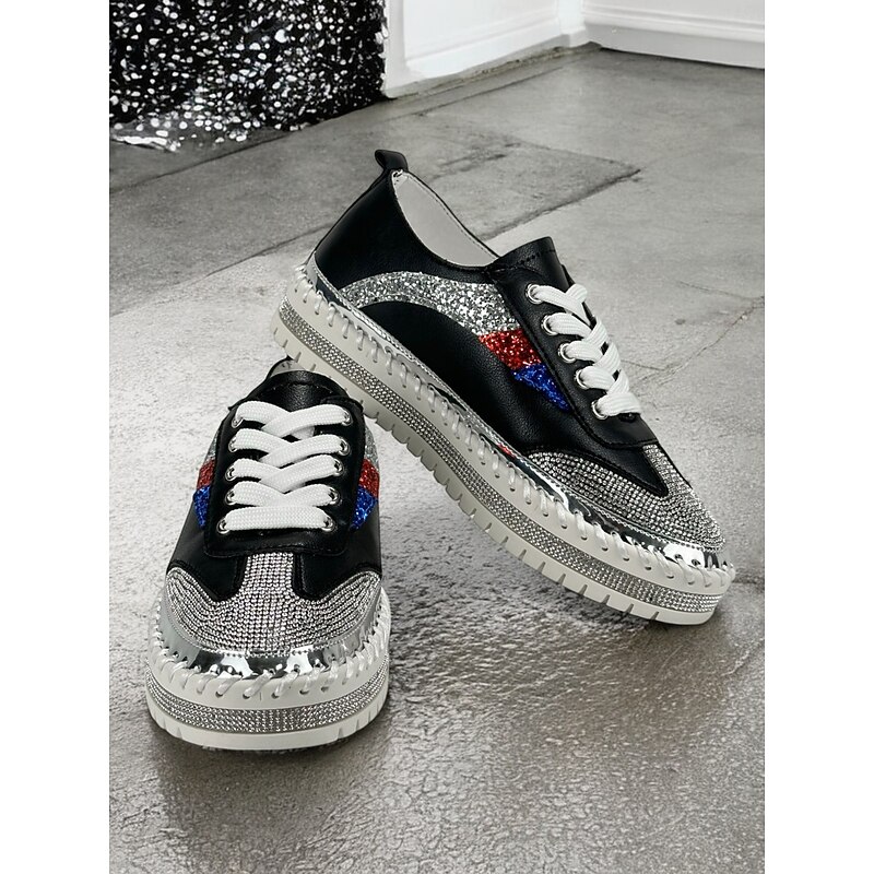 Women's Glitter-Accented Black Lace-Up Sneakers – Rhinestone Embellished, Colorful Casual Athletic Shoes for Fashionable Everyday Wear4