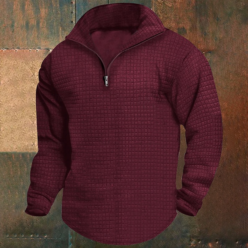 Men's Sweatshirt Waffle Sweatshirt Quarter Zip Sweatshirt Black White Wine Army Green Khaki Half Zip Plain Ribbed Quarter Zip Textured Christmas Daily Holiday non-printing Polyester Streetwear Casual4