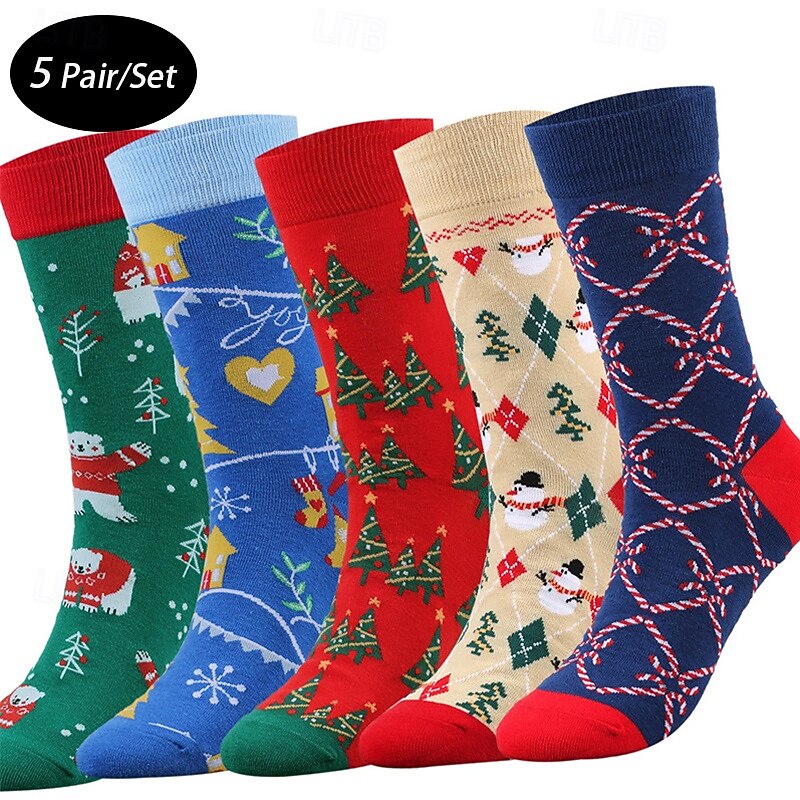 Men's 5 Pairs Multi Packs Socks Crew Socks Casual Socks Christmas Socks Red Navy Blue Color Christmas Tree Christmas Daily Vacation Medium Fall Winter Fashion Casual