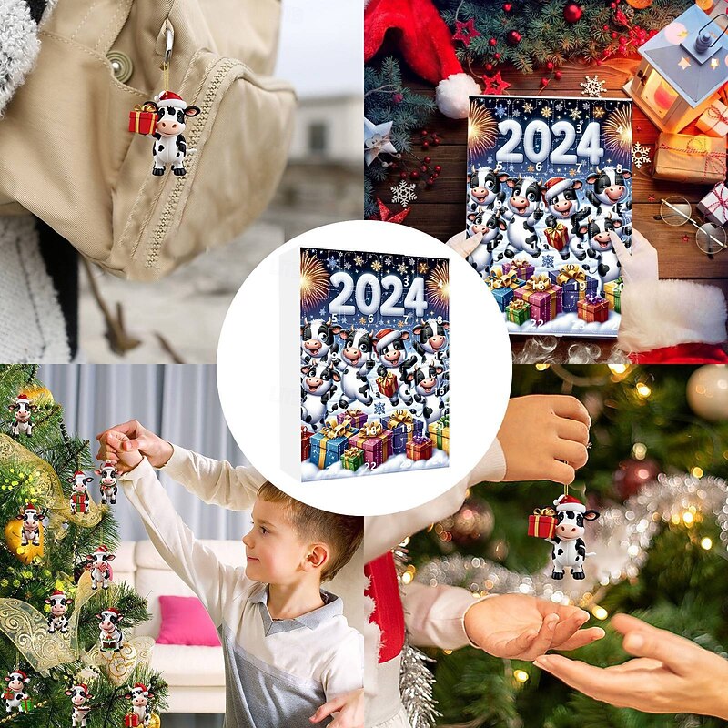 Christmas Advent Calendar Ornaments,2D Acrylic Cute Cow Baby 24pcs Christmas Ornament Kit Gift 24 Days Countdown Mini Hanging Tree Xmas Ornaments for Christmas Party Decorations2