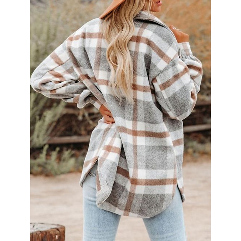 Women's Shirt Jacket Shacket Warm Breathable Buttons Pocket Print Casual Plaid Vacation Street Daily Wear Going out Single Breasted Regular Turndown Regular Fit Long Sleeve Outerwear Black Khaki2
