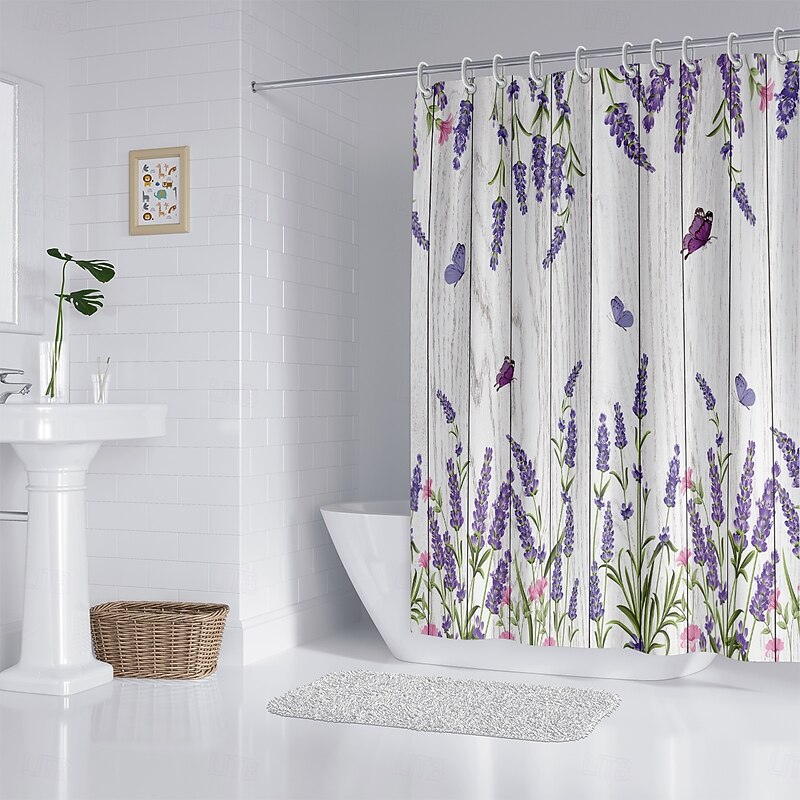 Shower Curtain with Hooks 180cm*180cm(70"*70") Polyester Washable Waterproof Butterfly Lavender Pattern Bathroom Decor4