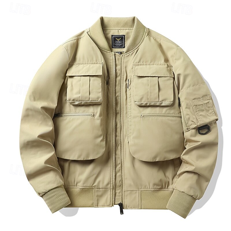 Men's Bomber Jacket Tactical Jacket Windcheater Jacket Sports Outdoor Camping & Hiking Waterproof Windbreaker Zipper Pocket Fall Winter Solid Color Active Hooded Regular Black Dark Green Khaki Jacket3