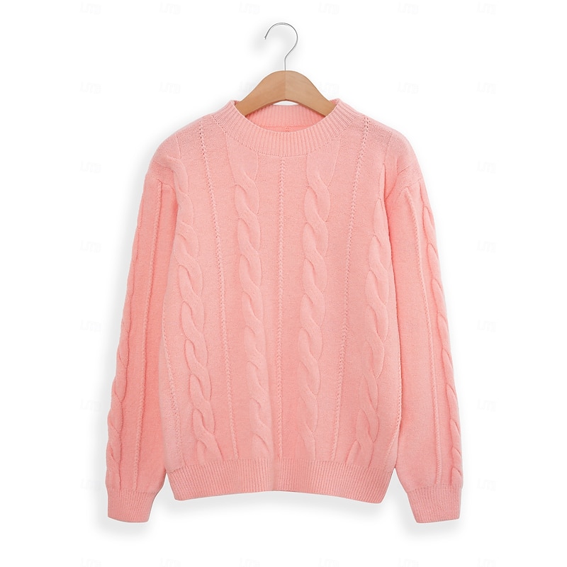 Women's Classic Pink Sweater Crew Neck Cable Fuzzy Knit Knitted Fall Winter Work Fashion Daily Long Sleeve Solid Color Pink Camel2