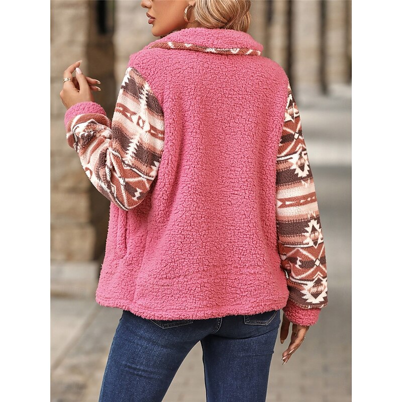 Women's Fleece Jacket Teddy Coat Hoodie Jacket Warm Breathable Zipper Pocket Fleece Lined Vintage Casual Geometric Vacation Street Daily Wear Going out Zipper Regular Turndown Regular Fit Long Sleeve2