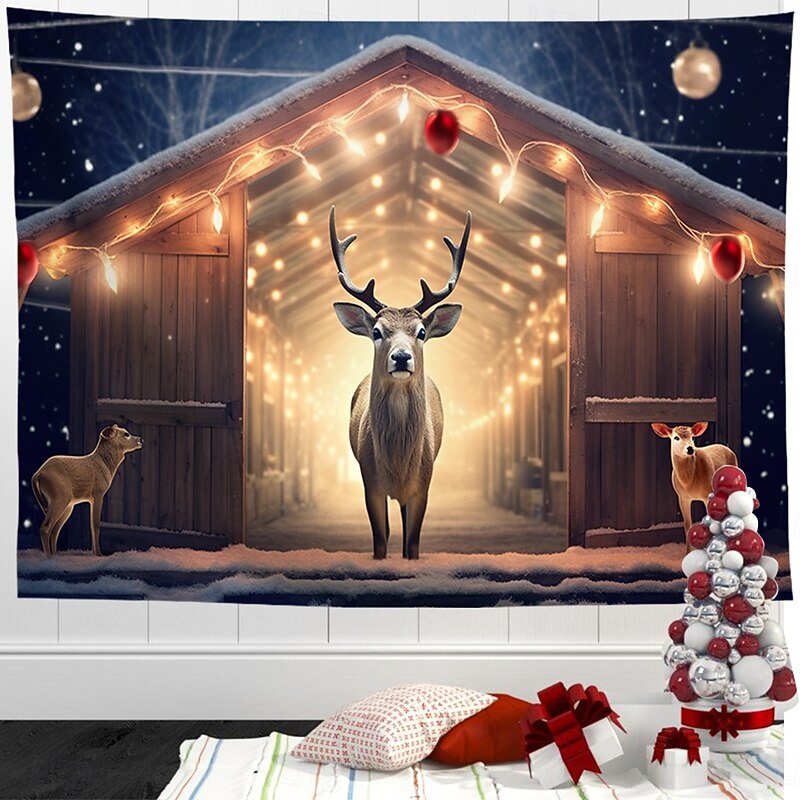 Christmas Decorations Hanging Tapestry Wall Art Xmas Deer Farmhouse Large Tapestry Mural Decor Photograph Backdrop Blanket Curtain Home Bedroom Living Room3